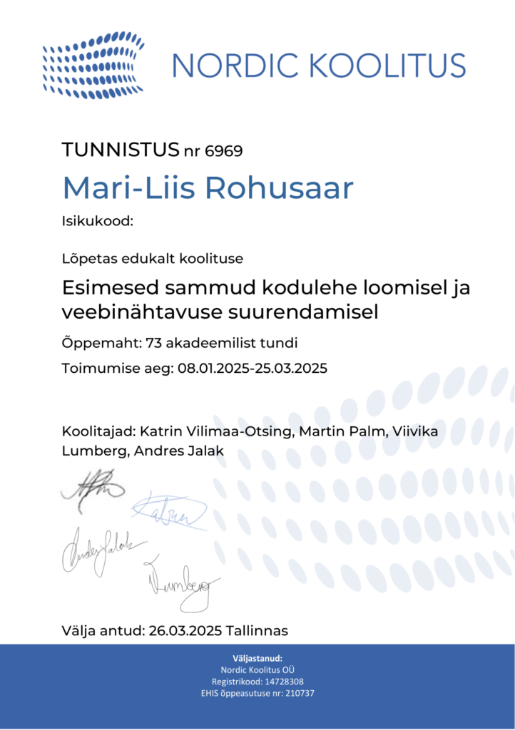 Nordic Koolitus tunnistus koolituselt "Esimesed sammud kodulehe loomisel ja veebinähtavuse suurendamisel"