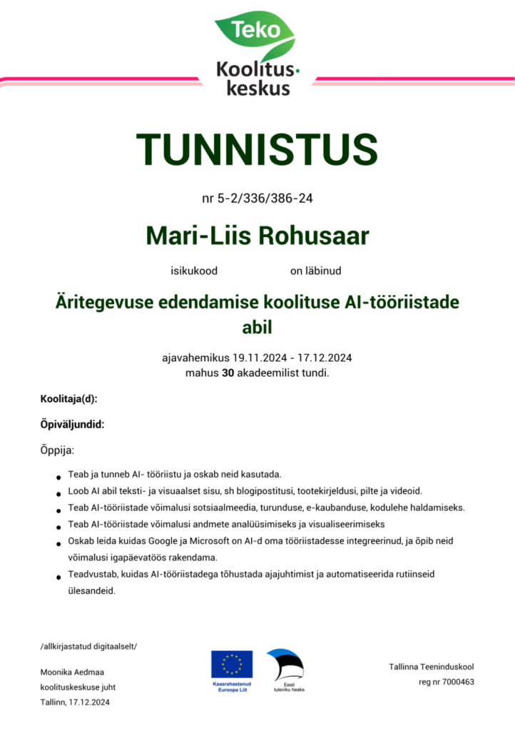 Tallinna Teeninduskooli tunnistus koolituselt "Äritegevuse edendamine AI töötiistade abil"