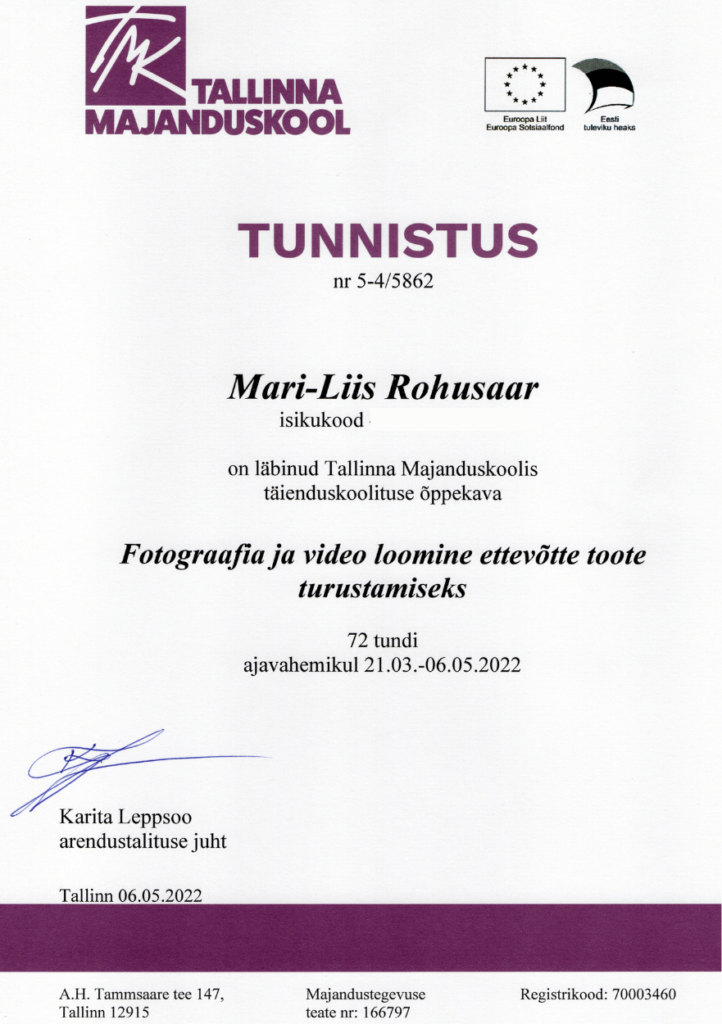 Tallinna Majanduskooli tunnistus koolituselt "Fotograafia ja video loomine ettevõtte toote turustamiseks"
