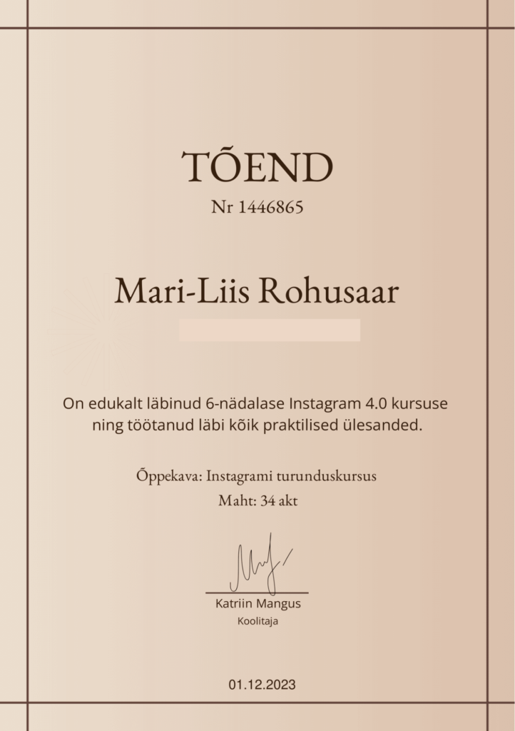 Instagram 4.0 turunduskoolituse tunnistus