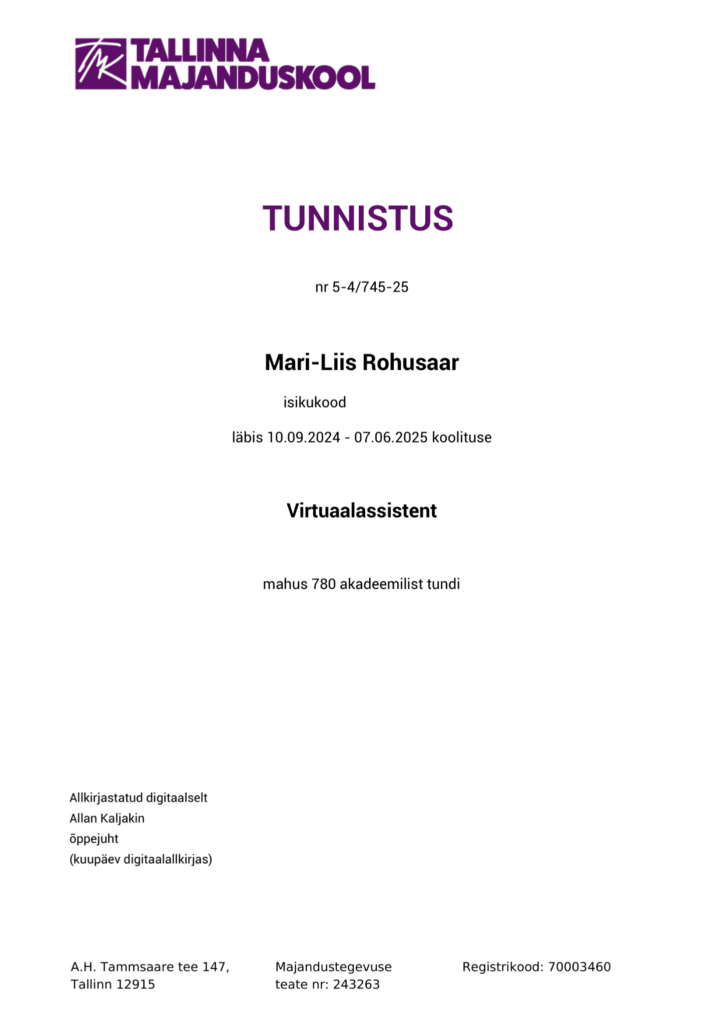 Tallinna Majanduskooli virtuaalse assistendi täienduskoolituse tunnistus